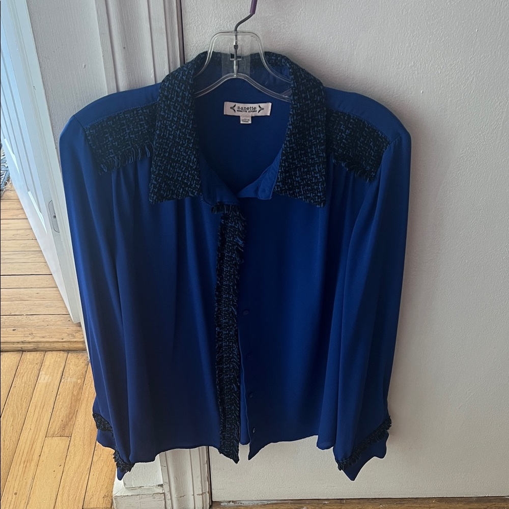 Nanette Lepore Royal Blue Button-Front Blouse with Tweed Trim